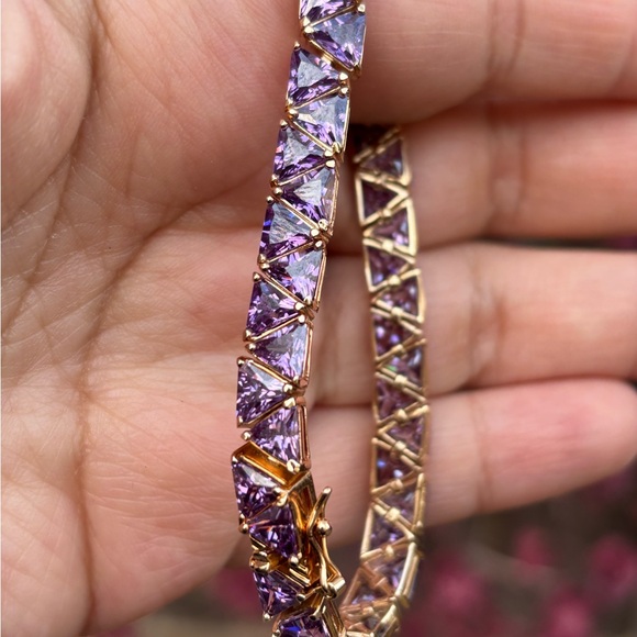 Jewelry - Rare Vintage Purple CZ Trillion Cut Tennis Bracelet 925 Gold Vermeil 7.5”